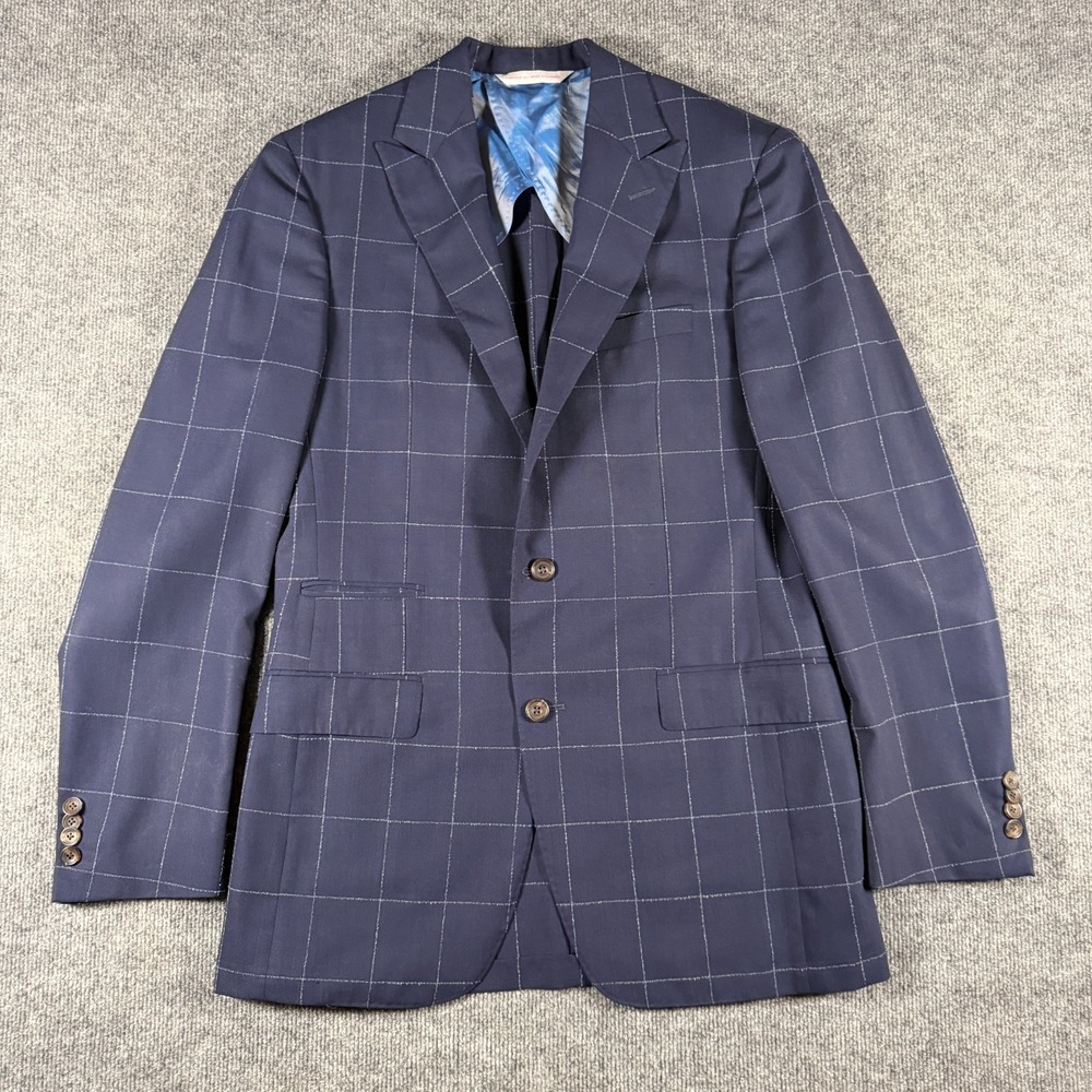 Samuelsohn SB Bristol Suit 41L Blue Windowpane Plaid Loro Piana Wool Pockets
